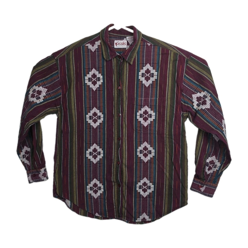 Kisses Button-Up Shirt Men's L Multicolored Aztec Southwest Pattern Long Sleeves